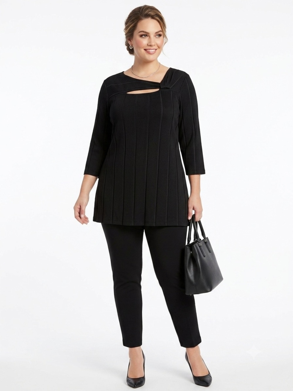 Alfani Black Asymmetrical Neck Rib Knit Tunic Top 2X Plus Size